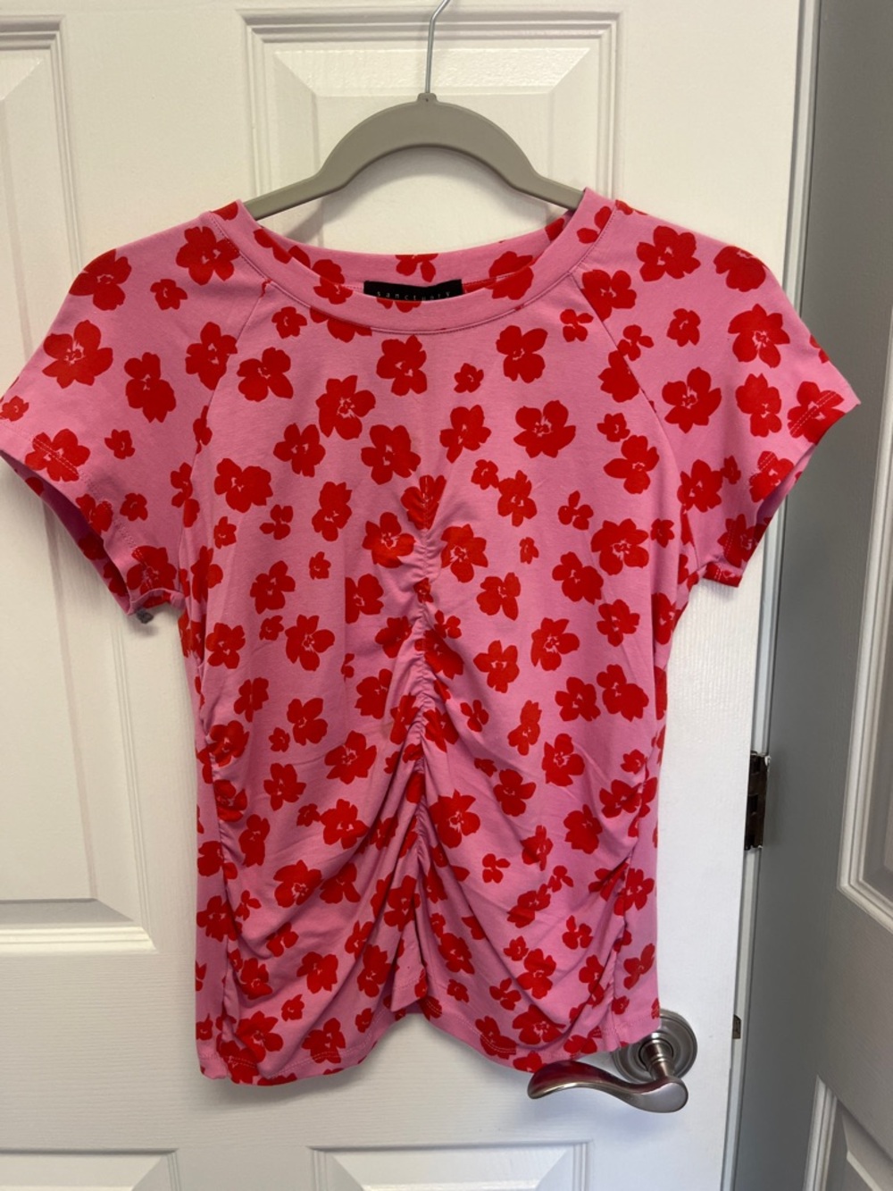 Sanctuary Pink Tee with Red Floral Accents